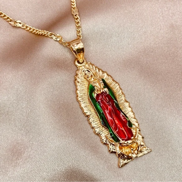 Our Lady Of Guadalupe 3D Enamel Pendant Curb Diamond Cut Design Necklace Gold - Picture 2 of 10